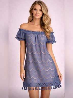 EUC Mason & Belle Off-Shoulder Purple/Blue Lace Tassel Hem Dress - Women's Small